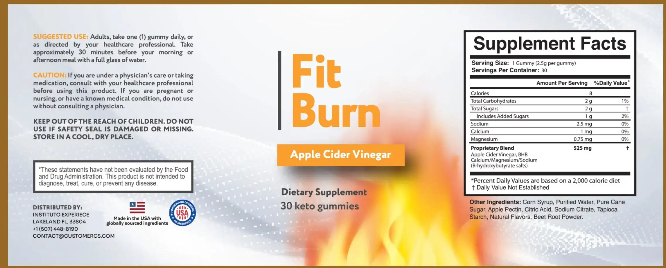 Fit Burn supplement facts label showing ACV BHB Tulsi Oleuropein Bariatric Seed 525mg proprietary blend